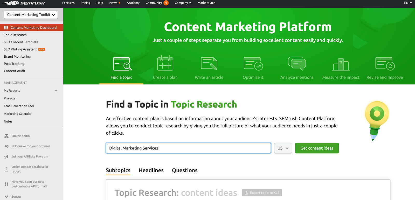A screenshot of SEMrush Content Marketing tools