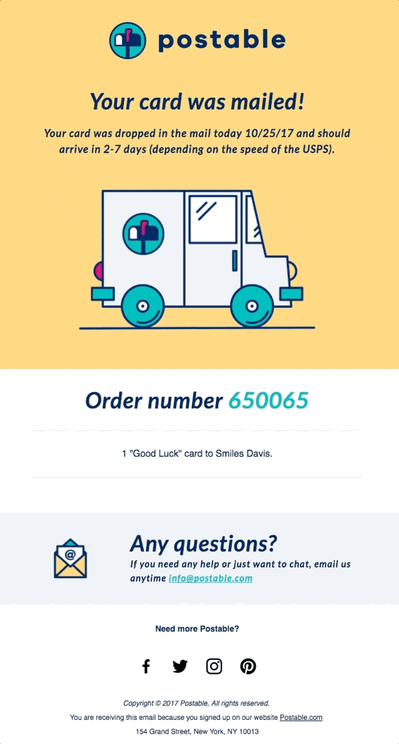 Postable order status update email template