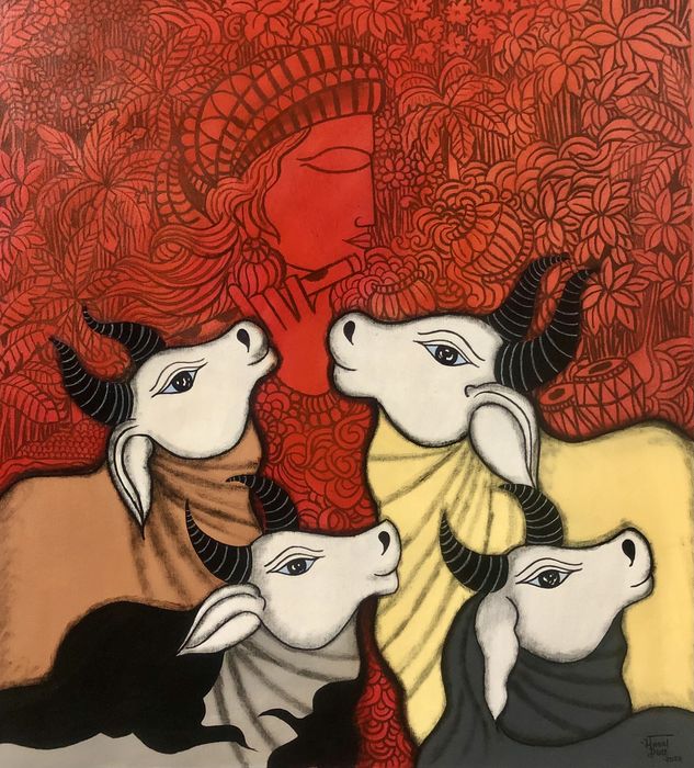 Original Handpainted Krishna with cows painting selling on dirums art gallery