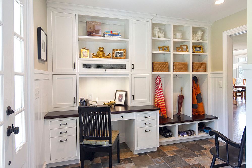 mudroom desk with white cabinets