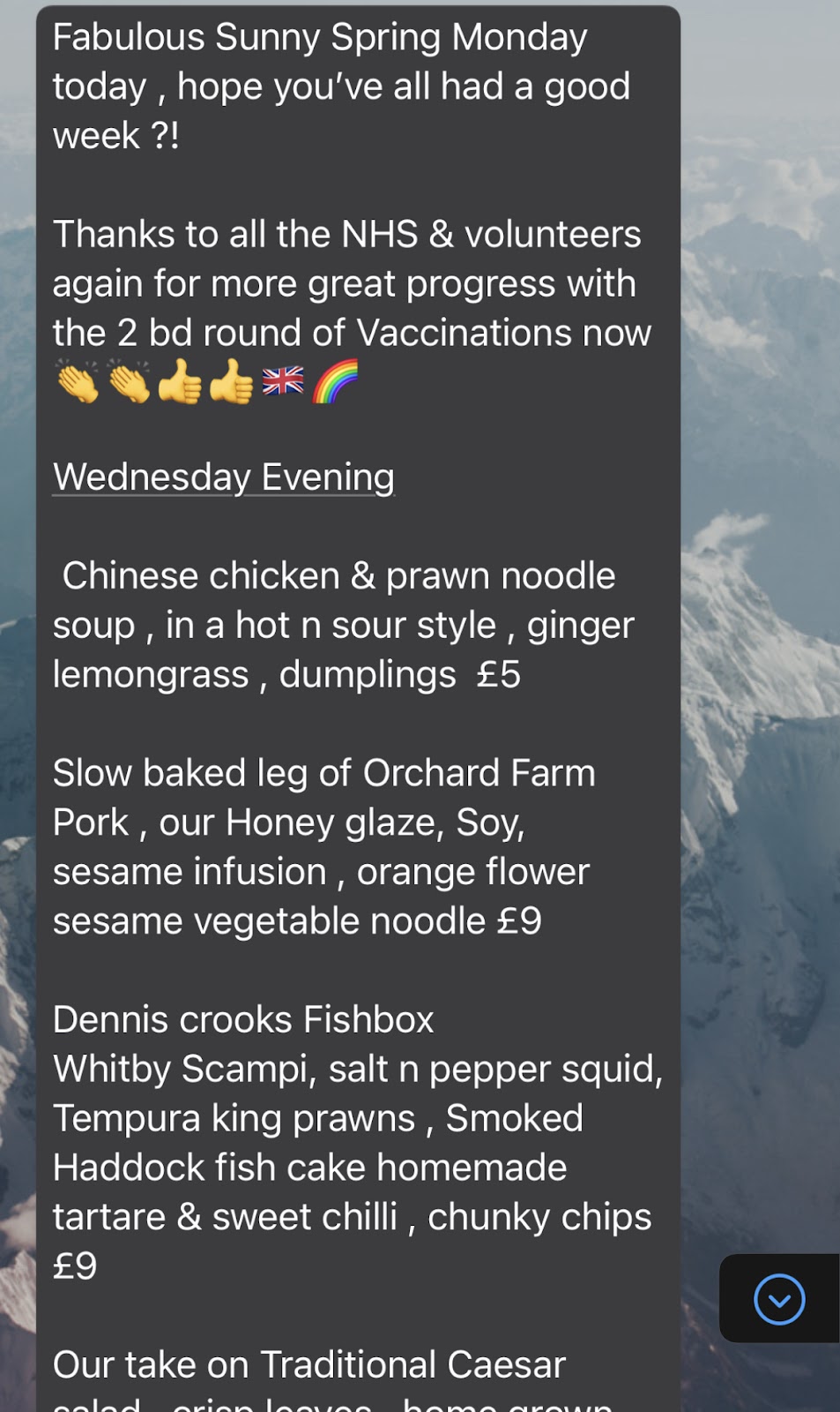 text meal menu from the pub