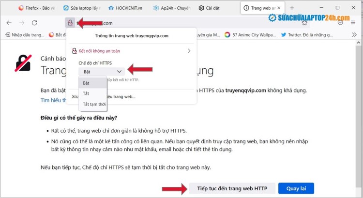  Tắt chế độ HTTPS cho trang web cụ thể