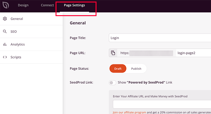 Configuração da página de login