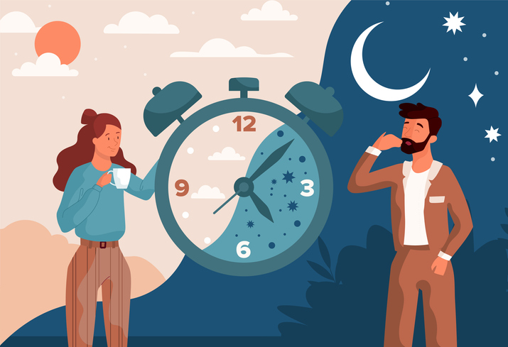 Illustration of two people during the day and night, demonstrating it’s important to establish a healthy sleeping pattern.