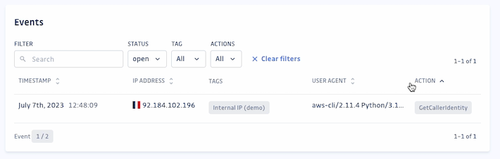 A Gitguardian Honeytoken event, showing the IP address with the corresponding country flag, User Agent and action, as well as the timestamp.