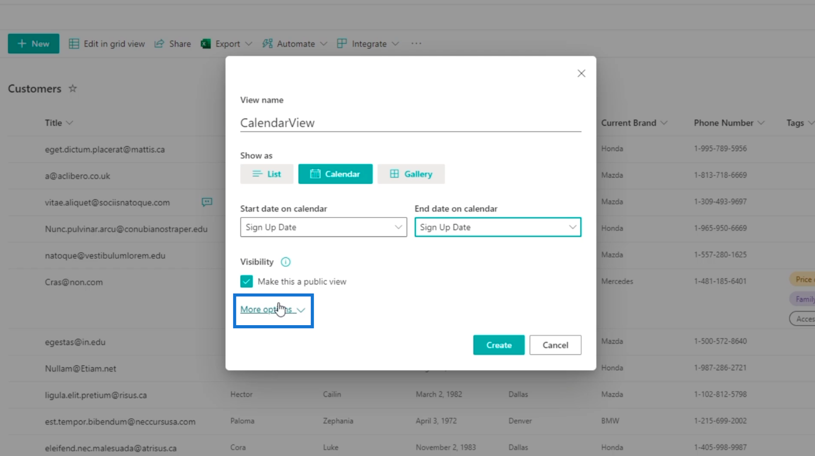 sharepoint list calendar view