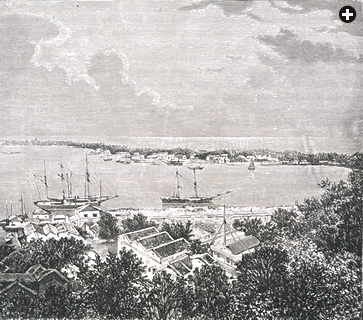 This engraving of Singapore Harbor was made around 1870, when Singapore’s Arabs owned more than half the island’s territory. They began arriving in the early 19th century, and they have not forgotten their families’ roots in southern Yemen. 