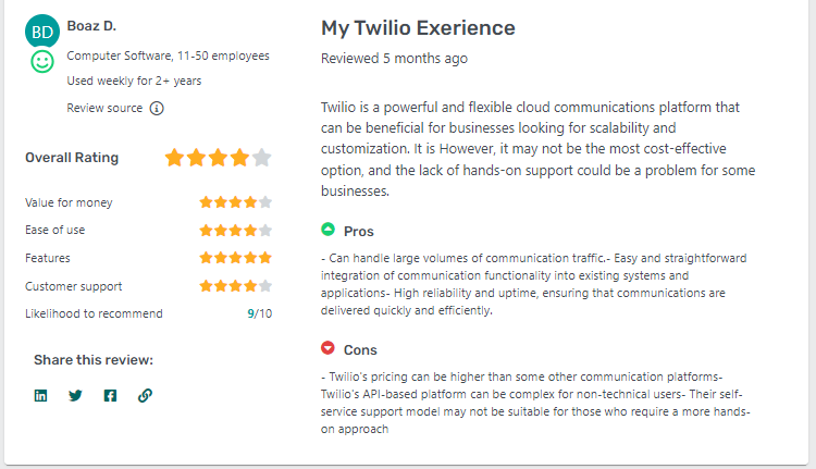 Twilio Alternatives | Twilio customer review on GetApp.