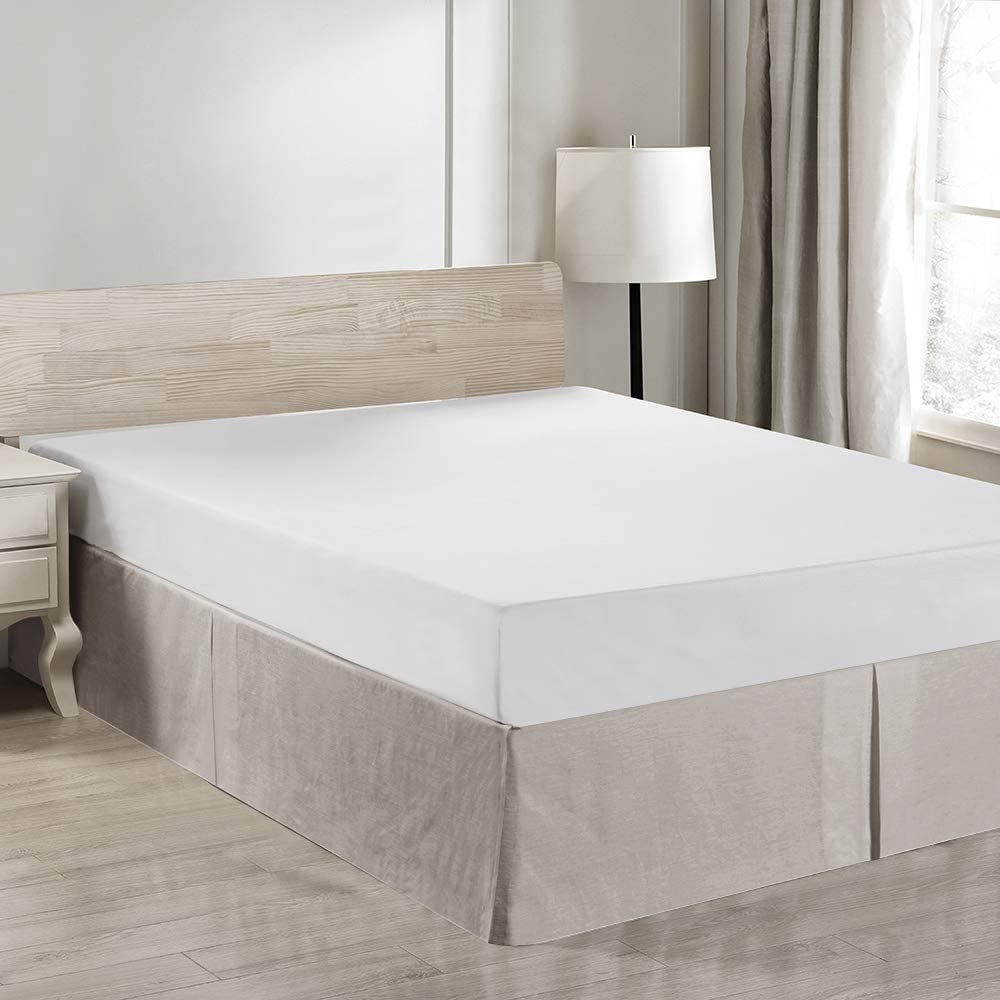 Common bed skirt materials include linen, which is typically used in a tailored design.