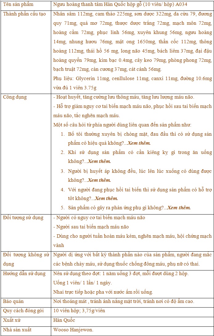 Thông tin về sản phẩm ngưu hoàng thanh tâm Hàn Quốc hộp gỗ