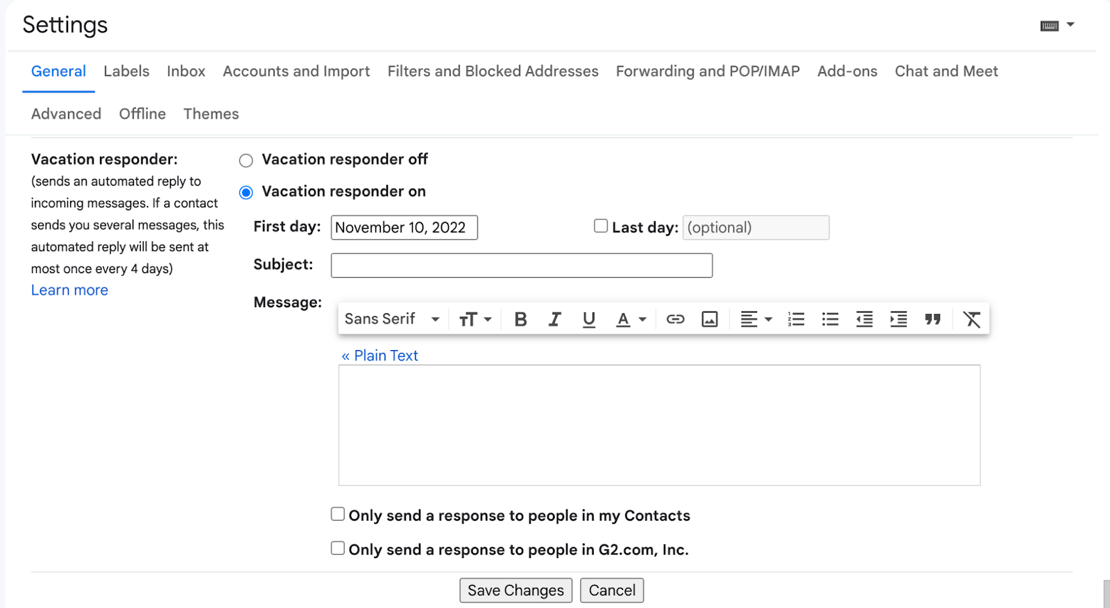 screenshot showing how to set OOO in Gmail