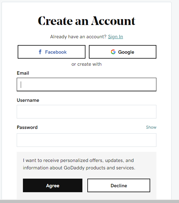 creating account on Godaddy website builder