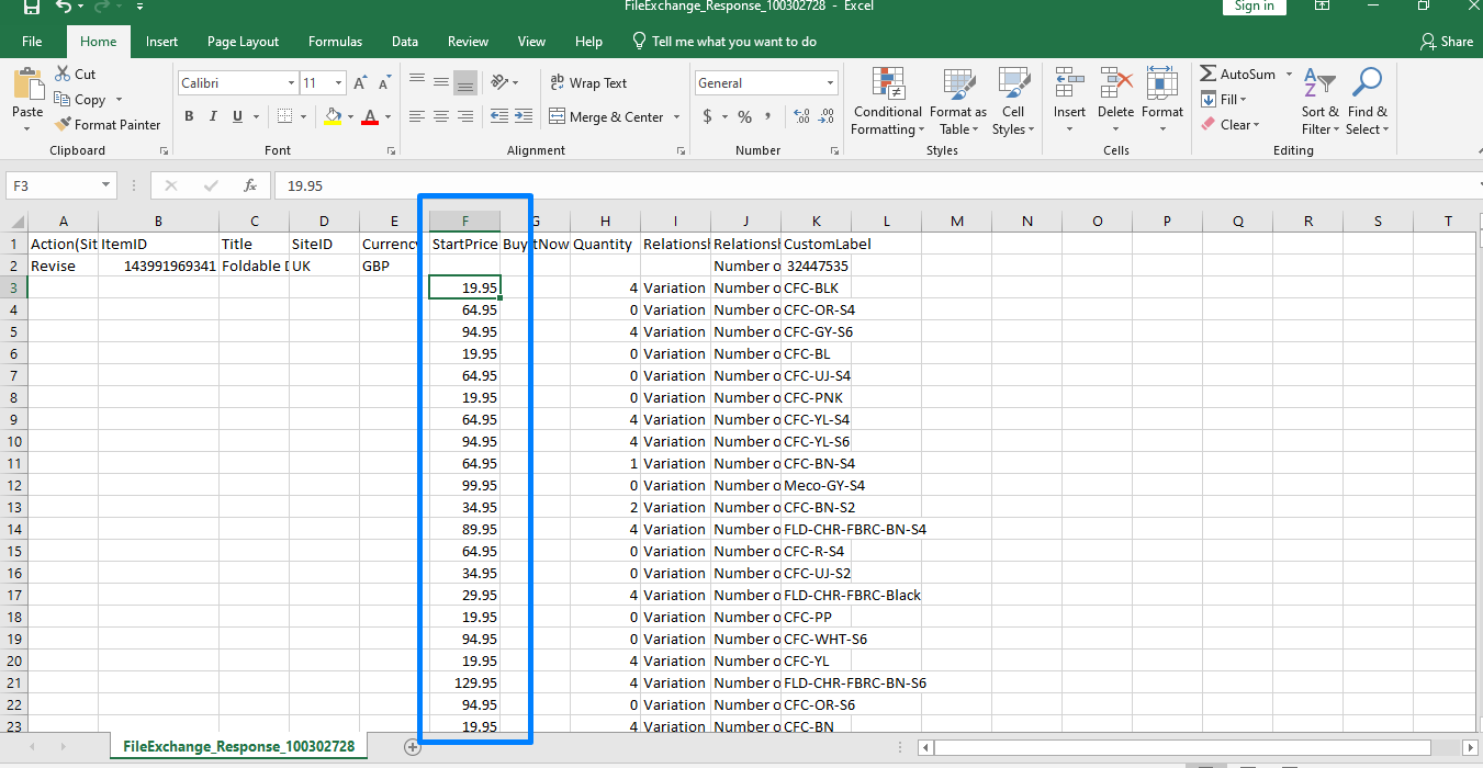Bulk Price Update on eBay via File Exchange using Excel / CSV