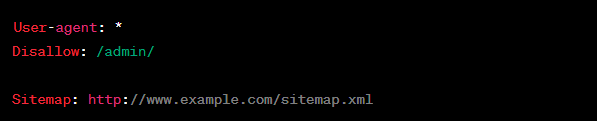 No exemplo emimagem, o arquivo robots.txt bloqueia o acesso dos robôs de busca para um diretório chamado "/admin/" e indica um sitemap.