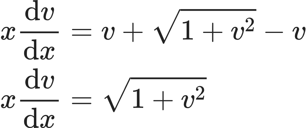 {"font":{"size":10,"color":"#222222","family":"Arial"},"id":"12-0-0-1-0","code":"\\begin{align*}\n{x\\diff{v}{x}}&={v+{\\sqrt[]{1+v^{2}}}-v}\\\\\n{x\\diff{v}{x}}&={{\\sqrt[]{1+v^{2}}}}\t\n\\end{align*}","type":"align*","ts":1604064161395,"cs":"vufr+wycDxtOcxk3Qx4CaQ==","size":{"width":166,"height":69}}