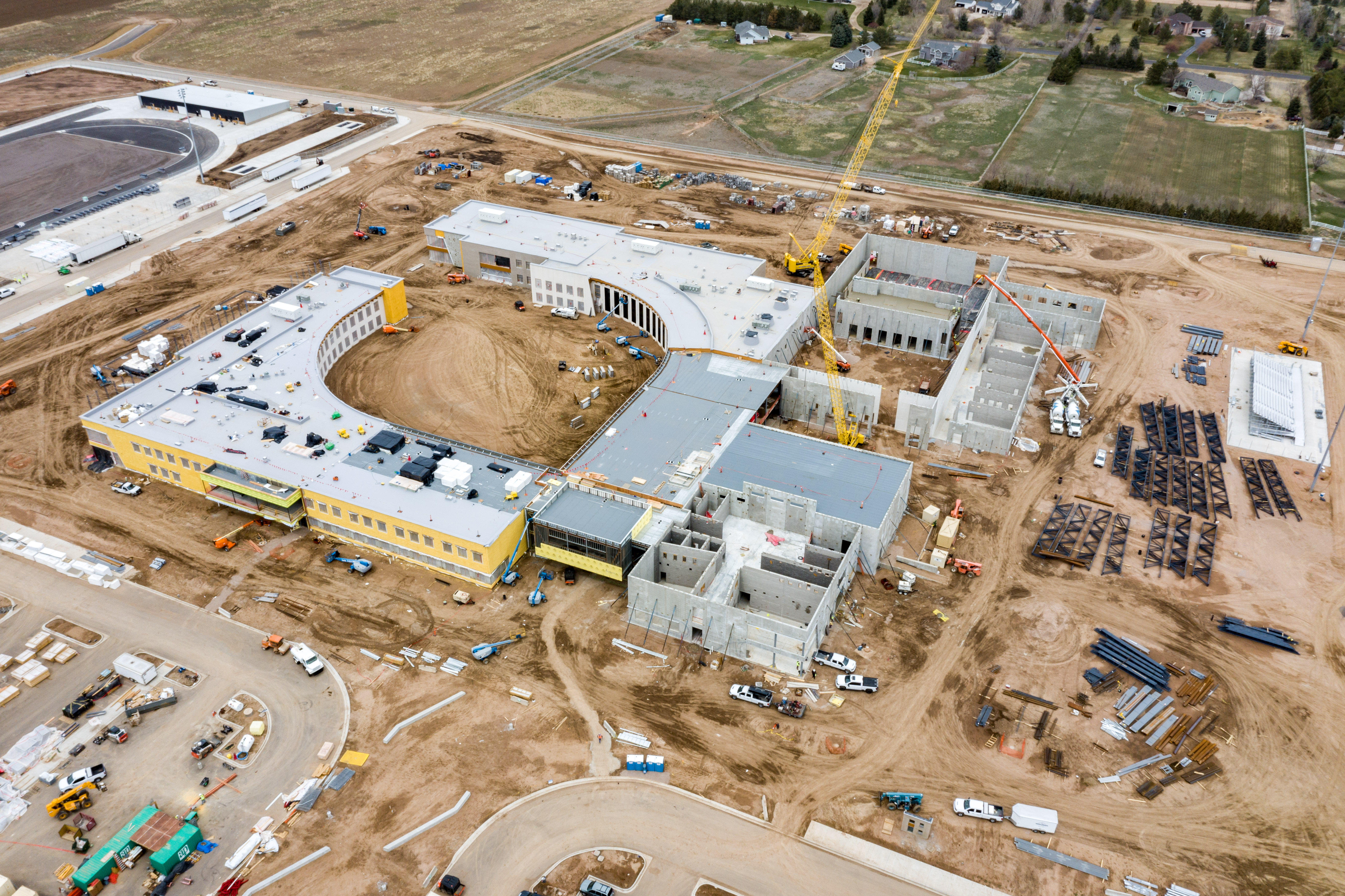 Drone image of Timnath Middle-High School under construction.