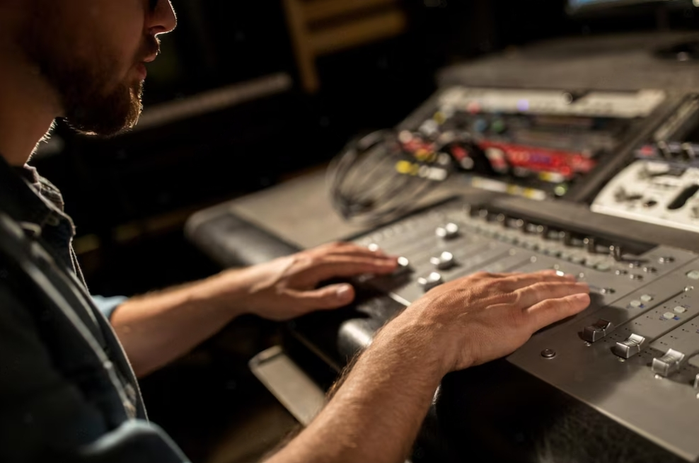 man using mixing console in sound recording studio