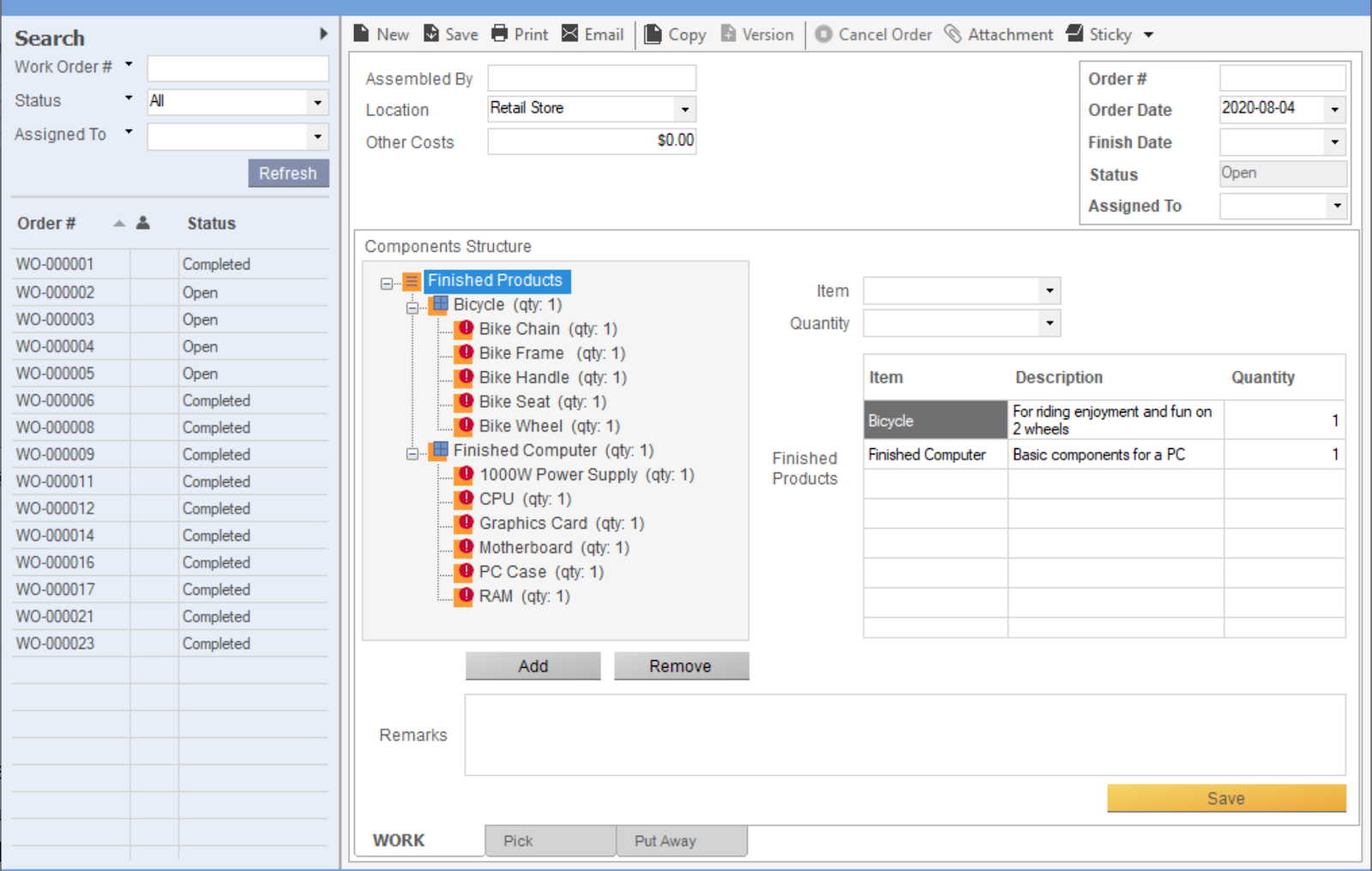 Work order screen on inFlow Cloud for Windows. Showing multiple finished products on a single work order. 
