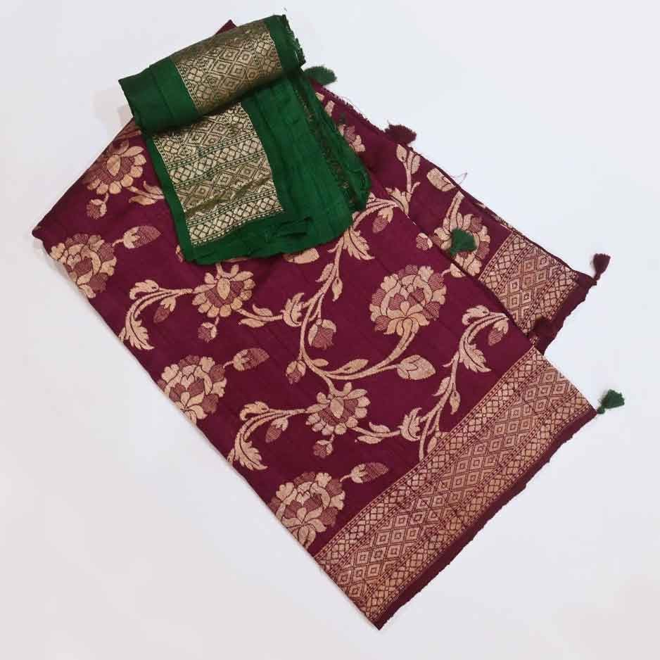 A Crimson Hand-dyed Tussar Georgette Khadi Saree with floral print and vibrant tassels