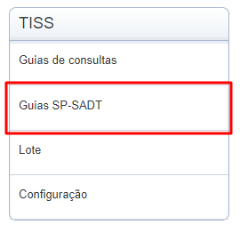 Botão 'Guias SP-SADT' destacado em vermelho no menu lateral 'TISS'.