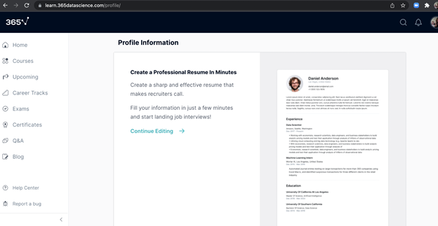 User Profile Information 365 Data Science
