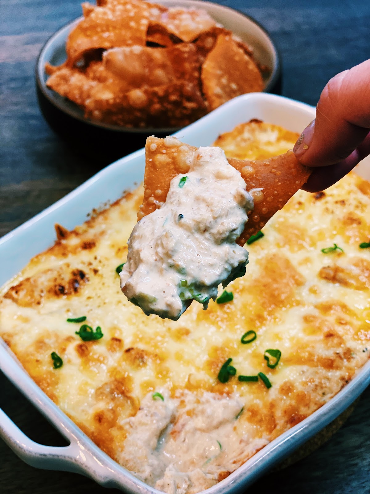 CREAMY Crab Rangoon Dip with Homemade Wonton Chips - Tiffy Cooks