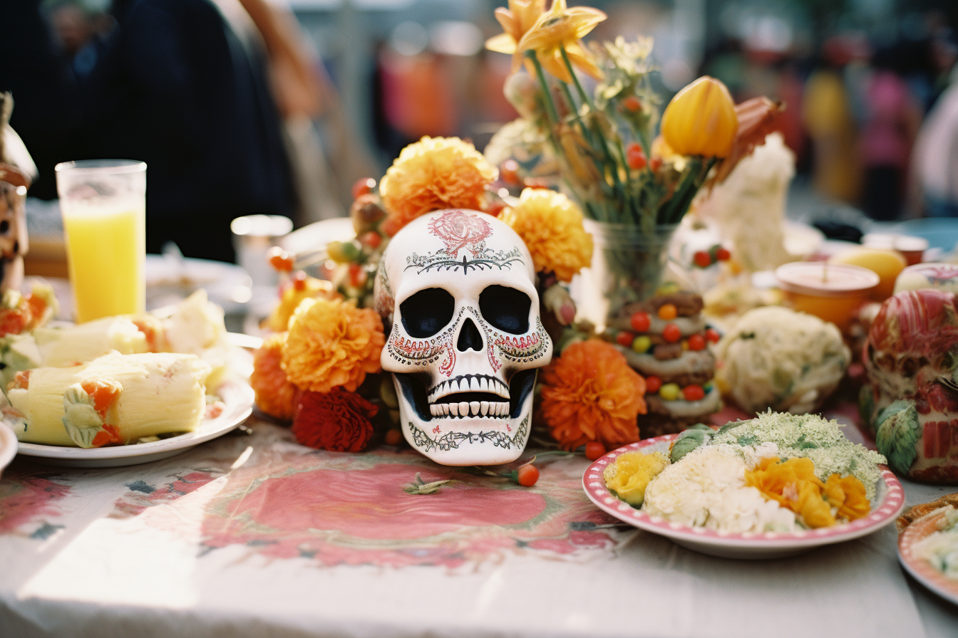 Table of food and flowers at MIKIZTLI Día de los Muertos Festival