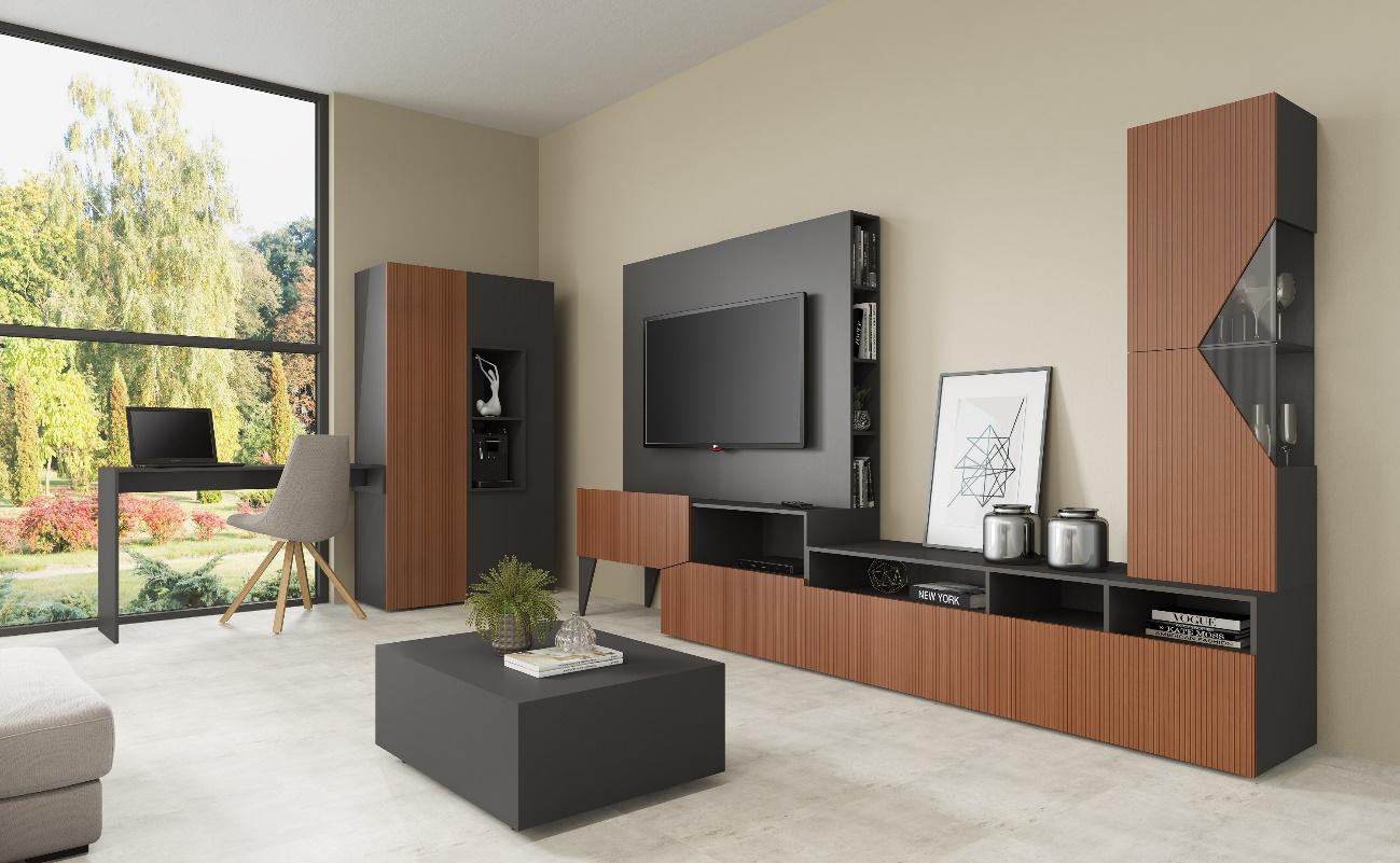 lançamentos painéis de MDF e MDP: sala de estar com móveis revestidos de MDP Perffect com MDP Lacca Cetin, marrom e cinza
