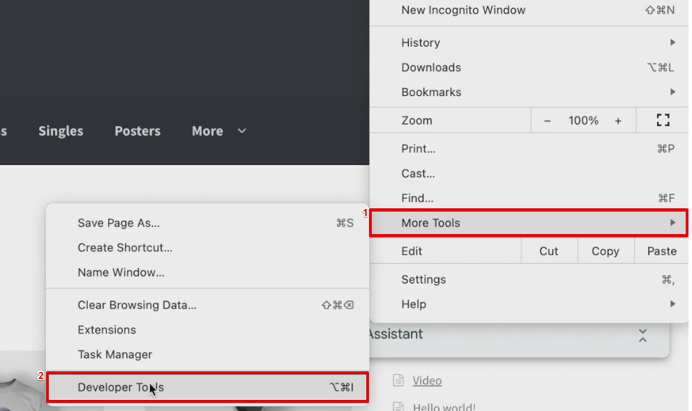 Accessing the developer tools option from the browser