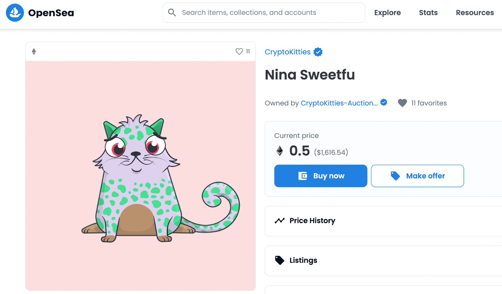 A Crypto Kitties NFT for sale on OpenSea.