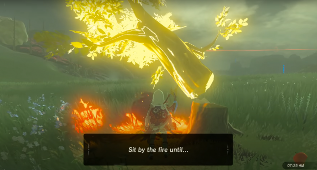 In botw, you can create a "hut" out of static falling tree to make campfire during rain.