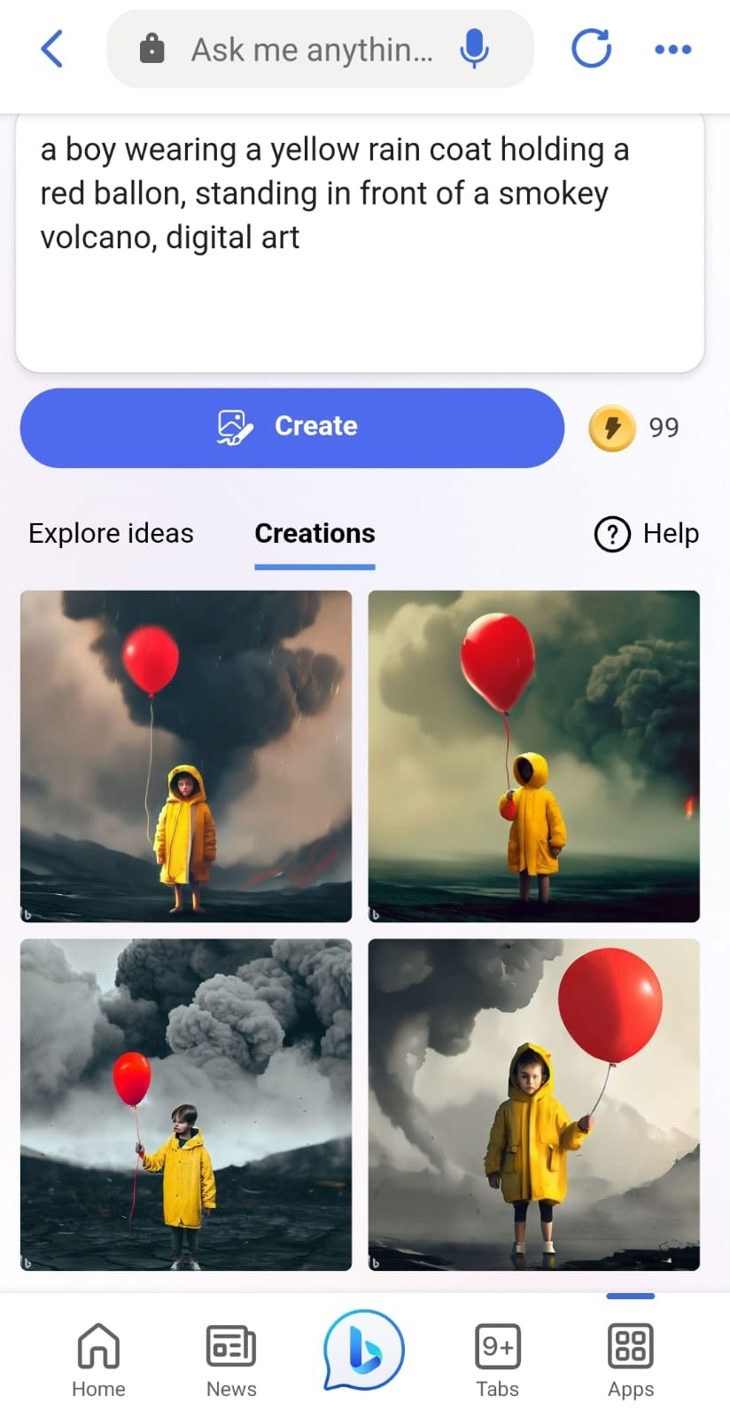 The Bing Image Generator creating an image of a young boy in a yellow raincoat holding a red balloon. 
