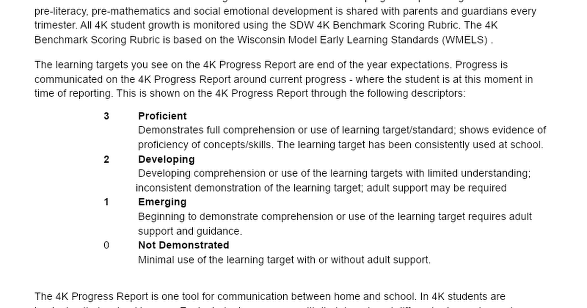  4K Progress Reports Parent Letter 2020-2021