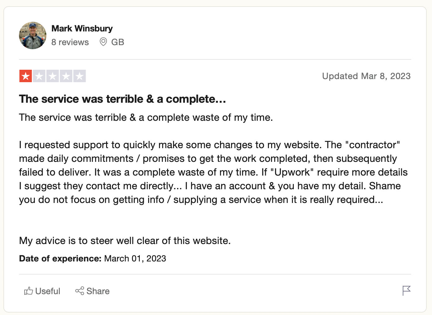 A positive Upwork review by a client