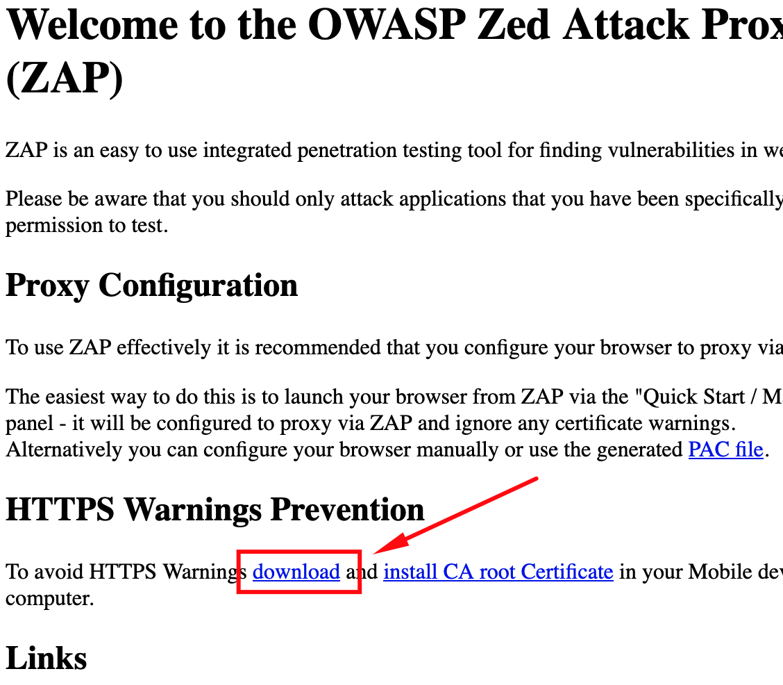 Zed Attack Proxy webpage with a link to download the CA certificate.