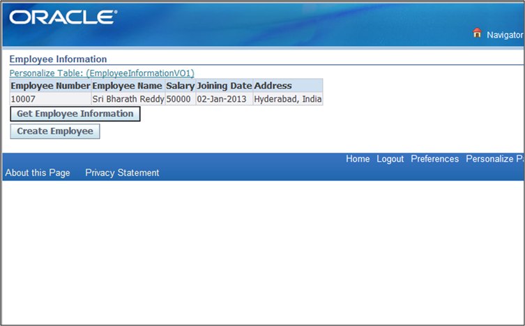 Output on OAF to get information from Database