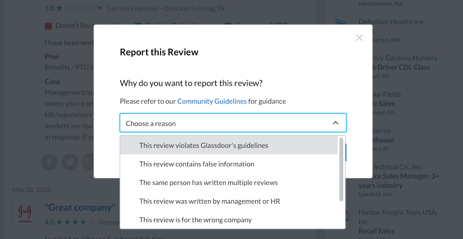 Dropdown menu to report Glassdoor Review