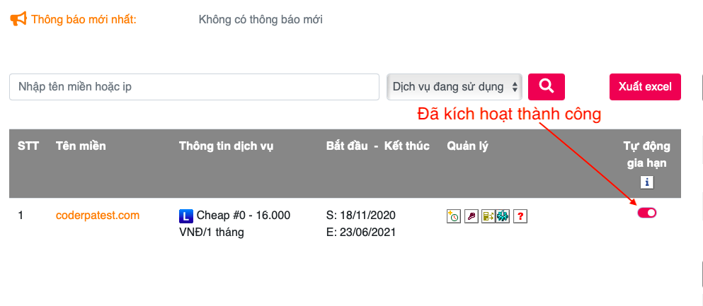 đã kích hoạt gia hạn tự động