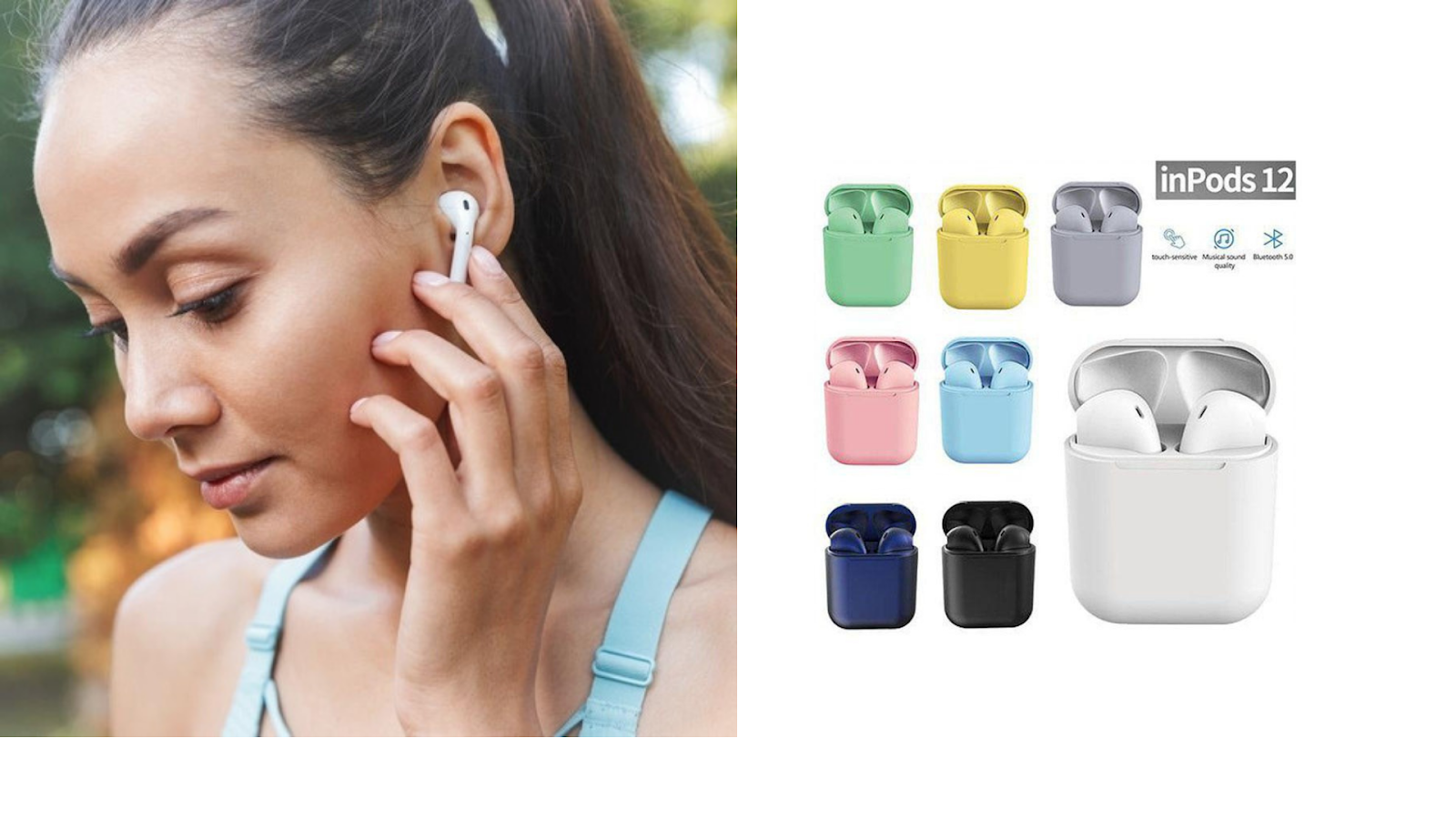 Ideias de variações de anúncios para segunda foto, uma mulher usando o fone de ouvido sem fio para fazer caminhada e a outras as disponibilidades de cores 