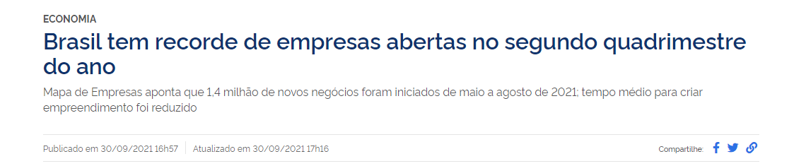 5 provas de que Copywriter é a profissão mais lucrativa do Marketing Digital - Print de uma matéria com o título "Brasil tem recorde de empresas abertas no segundo quadrimestre do ano".