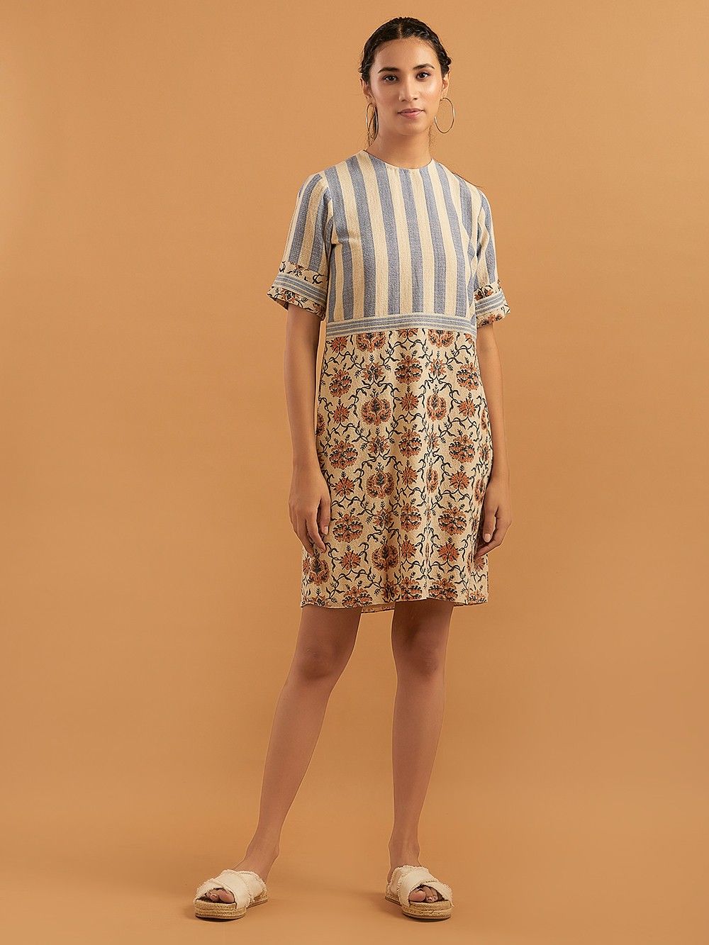Blue Mustard Yellow Hand Block Printed Handwoven Cotton Dress