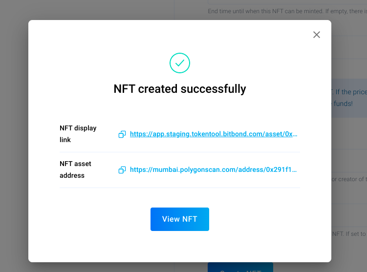 Pop window NFTs created successfully