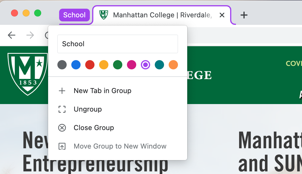 Right click menu displayed showing area to enter tab name and color options as well as options to add a new tab to the group, option to ungroup, option to close group, and option to move group to a new window.
