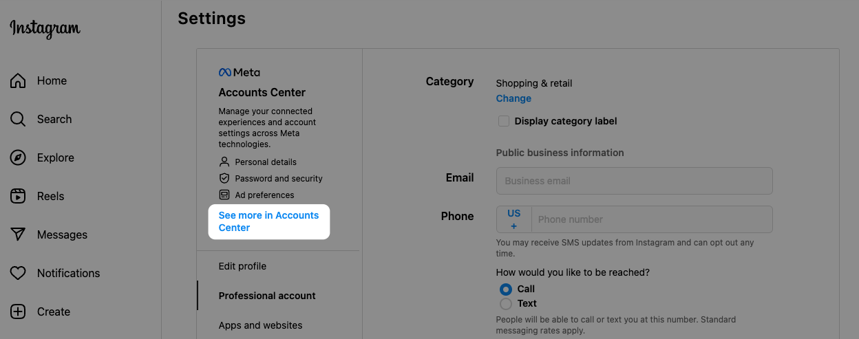 Screenshot of Instagram settings with “See more in Accounts Center” option highlighted