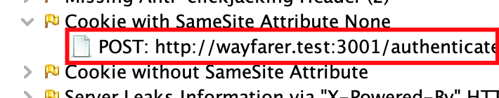 Alerts tree in ZAP with one alert expanded and the child node for the related POST request highlighted.