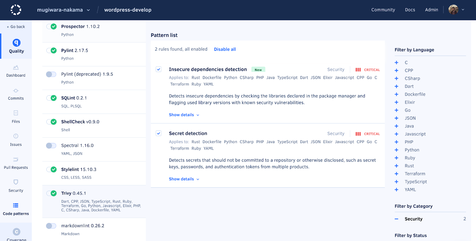 codacy patterns list view