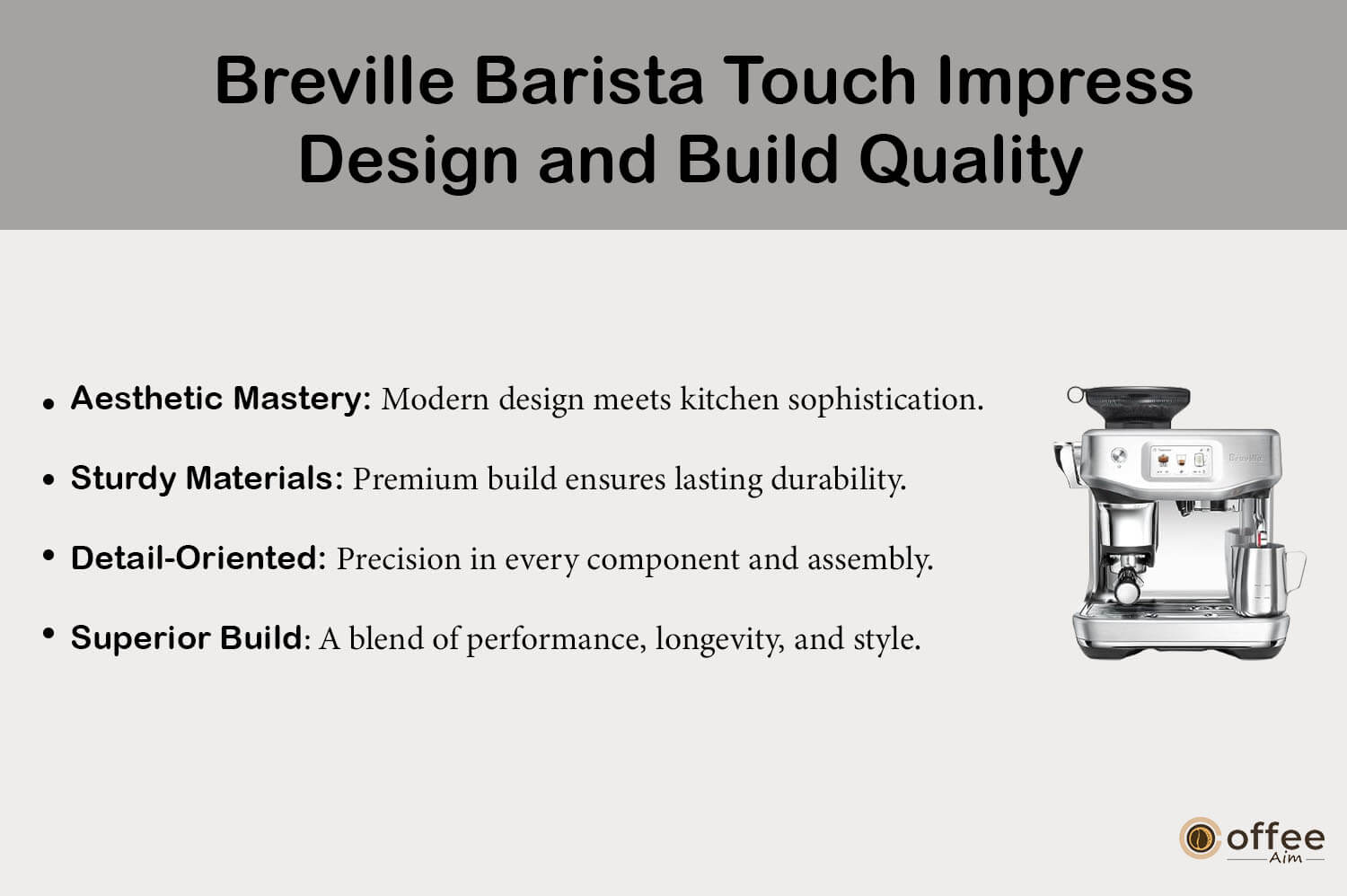 "This visual showcases the design intricacies and robust construction of the 'Breville Barista Touch Impress', as detailed in our 'Breville Barista Touch Impress Review'.''