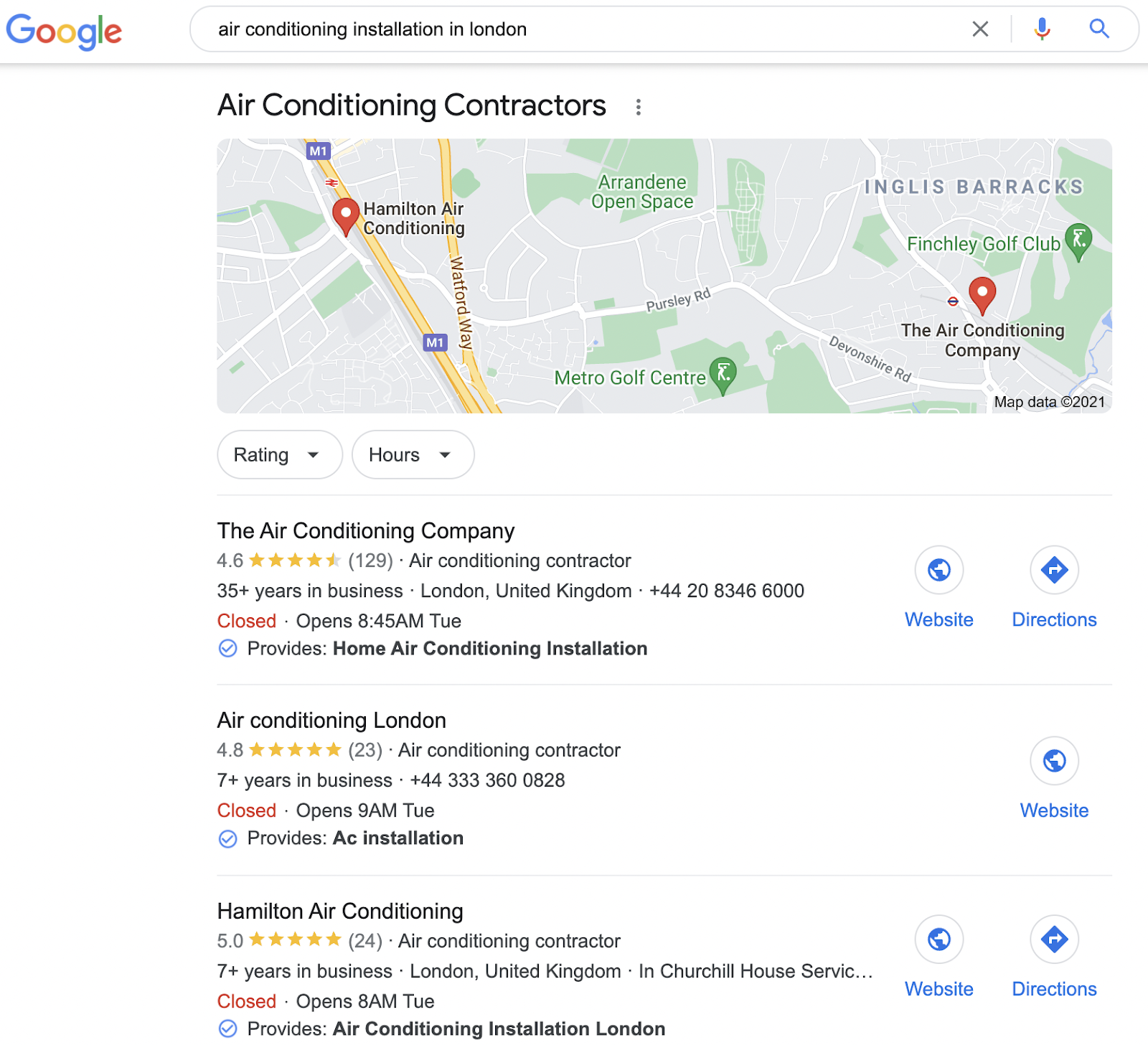 screenshot of a Google search of trade businesses ranked on location 