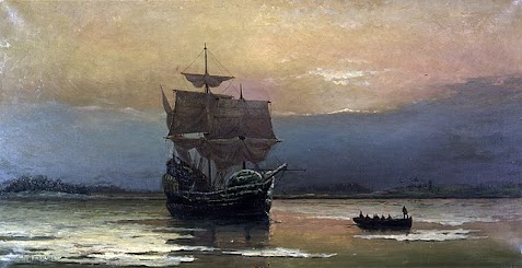 Mayflower in Plymouth Harbor by William Halsall (1882)
Pilgrim Hall Museum, Public Domain, https://commons.wikimedia.org/w/index.php?curid=308115