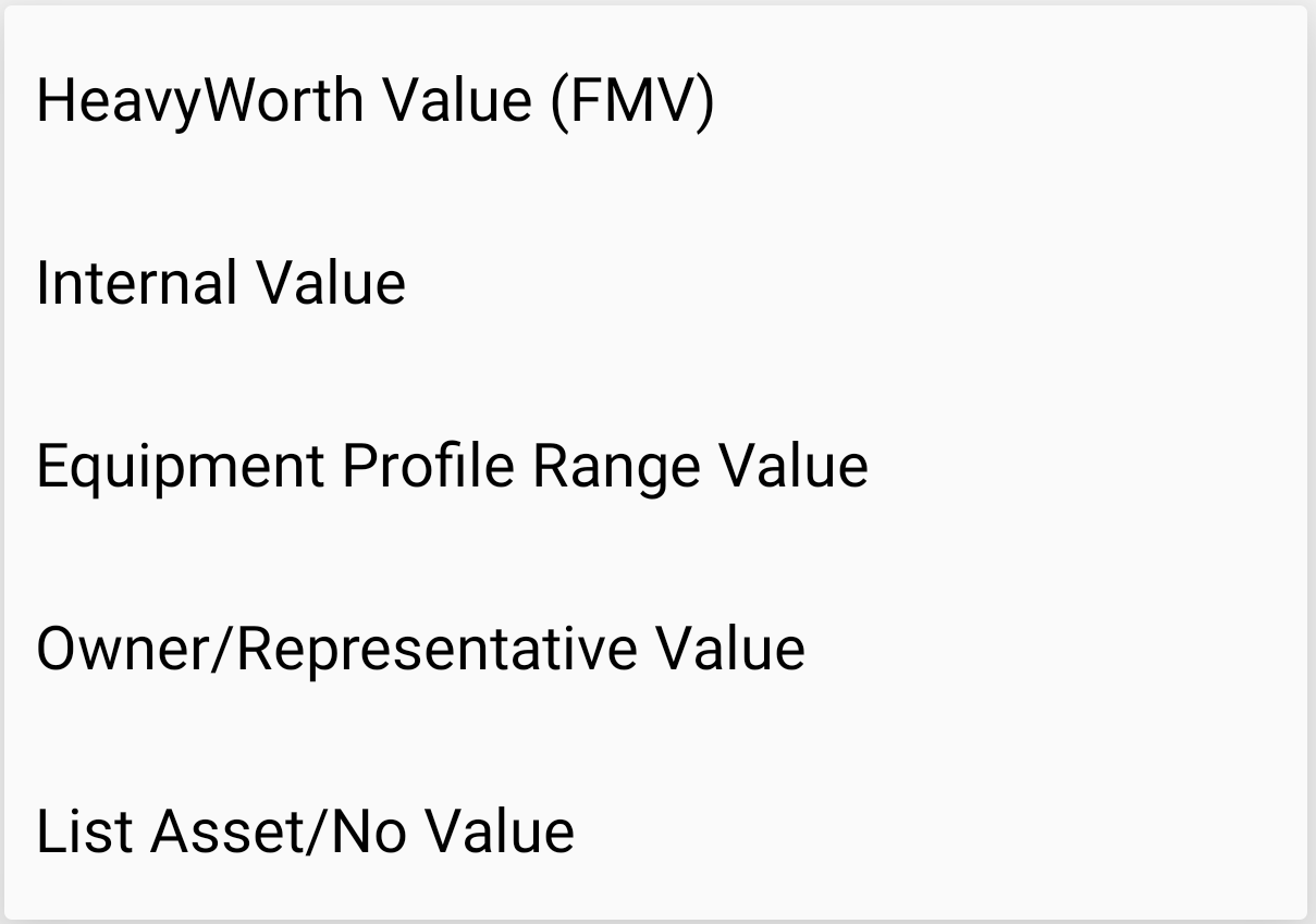 Screenshot showing valuation types